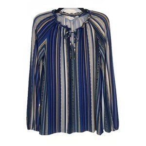 SUSAN GRAVER Striped Ruffle Neck Liquid Knit Long Sleeve Peasant Blouse Top Sz S